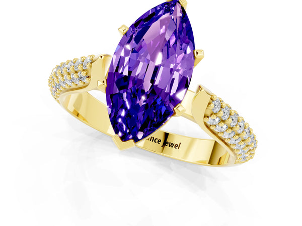 Yellow gold Marquise Cut Tanzanite Solitaire Engagement Ring with Multi-Row Round Pavé Band and Prong Setting