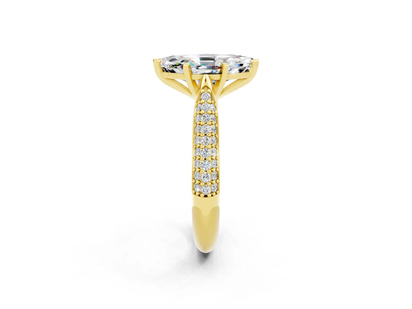 Yellow gold Marquise Cut Moissanite Solitaire Engagement Ring with Multi-Row Round Pavé Band and Prong Setting