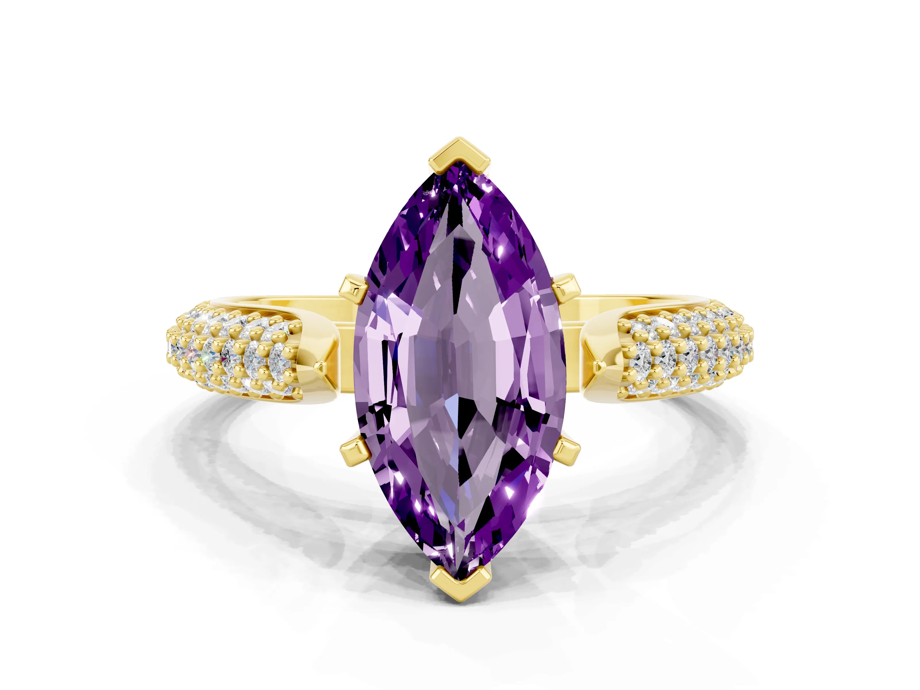 Yellow gold Marquise Cut Diamond Solitaire Engagement Ring with Pavé Band and Four-Prong Setting