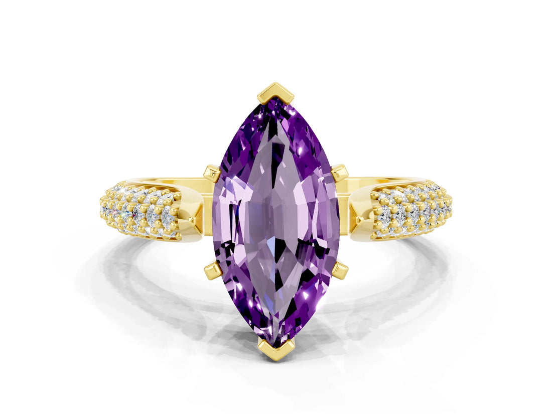 Yellow gold Marquise Cut Diamond Solitaire Engagement Ring with Pavé Band and Four-Prong Setting