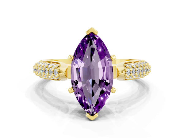 Yellow gold Marquise Cut Amethyst Solitaire Engagement Ring with Multi-Row Round Pavé Band and Prong Setting