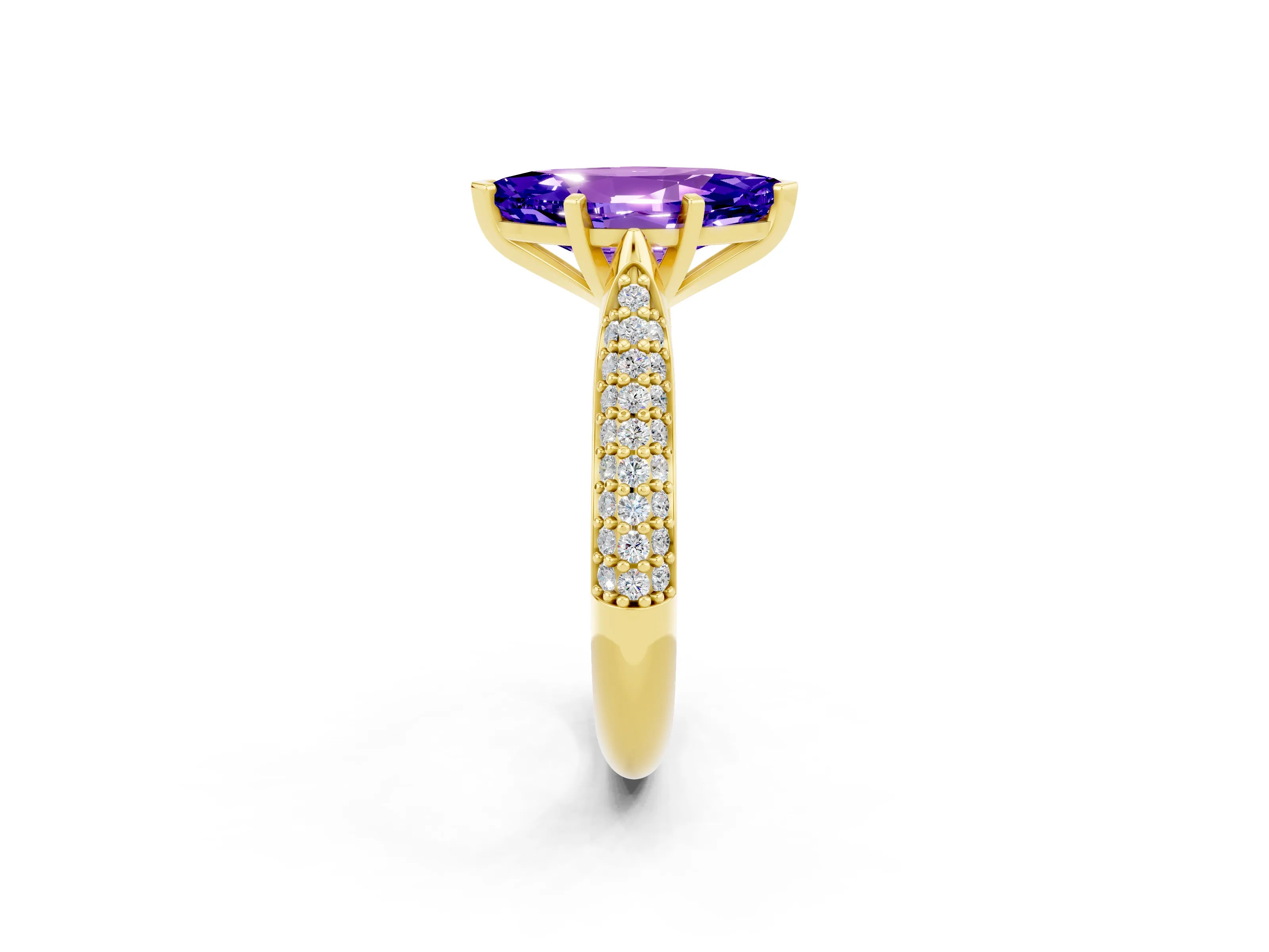 Yellow gold Marquise Cut Diamond Solitaire Engagement Ring with Pavé Band and Four-Prong Setting_2