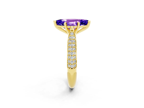 Yellow gold Marquise Cut Tanzanite Solitaire Engagement Ring with Multi-Row Round Pavé Band and Prong Setting