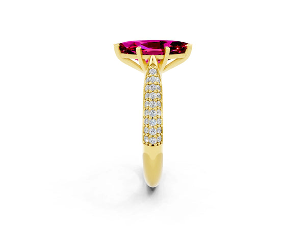 Yellow gold Marquise Cut Garnet Solitaire Engagement Ring with Multi-Row Round Pavé Band and Prong Setting