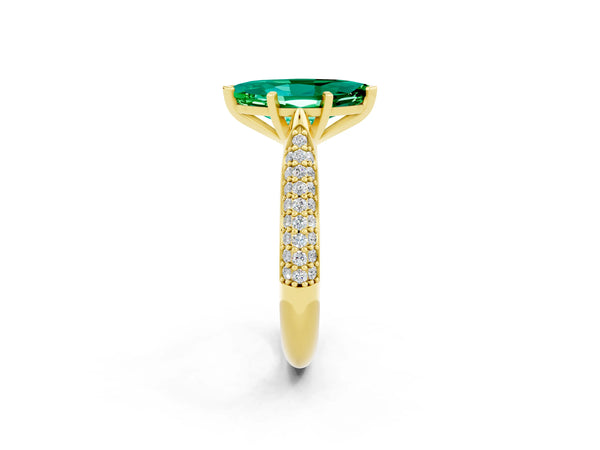 Yellow gold Marquise Cut Emerald Solitaire Engagement Ring with Multi-Row Round Pavé Band and Prong Setting