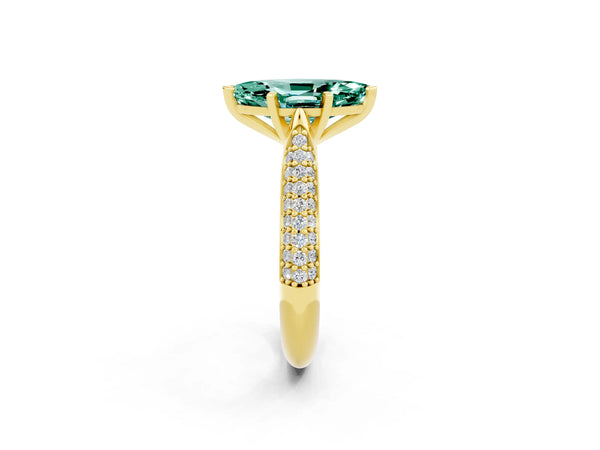 Yellow gold Marquise Cut Green Sapphire Solitaire Engagement Ring with Multi-Row Round Pavé Band and Prong Setting