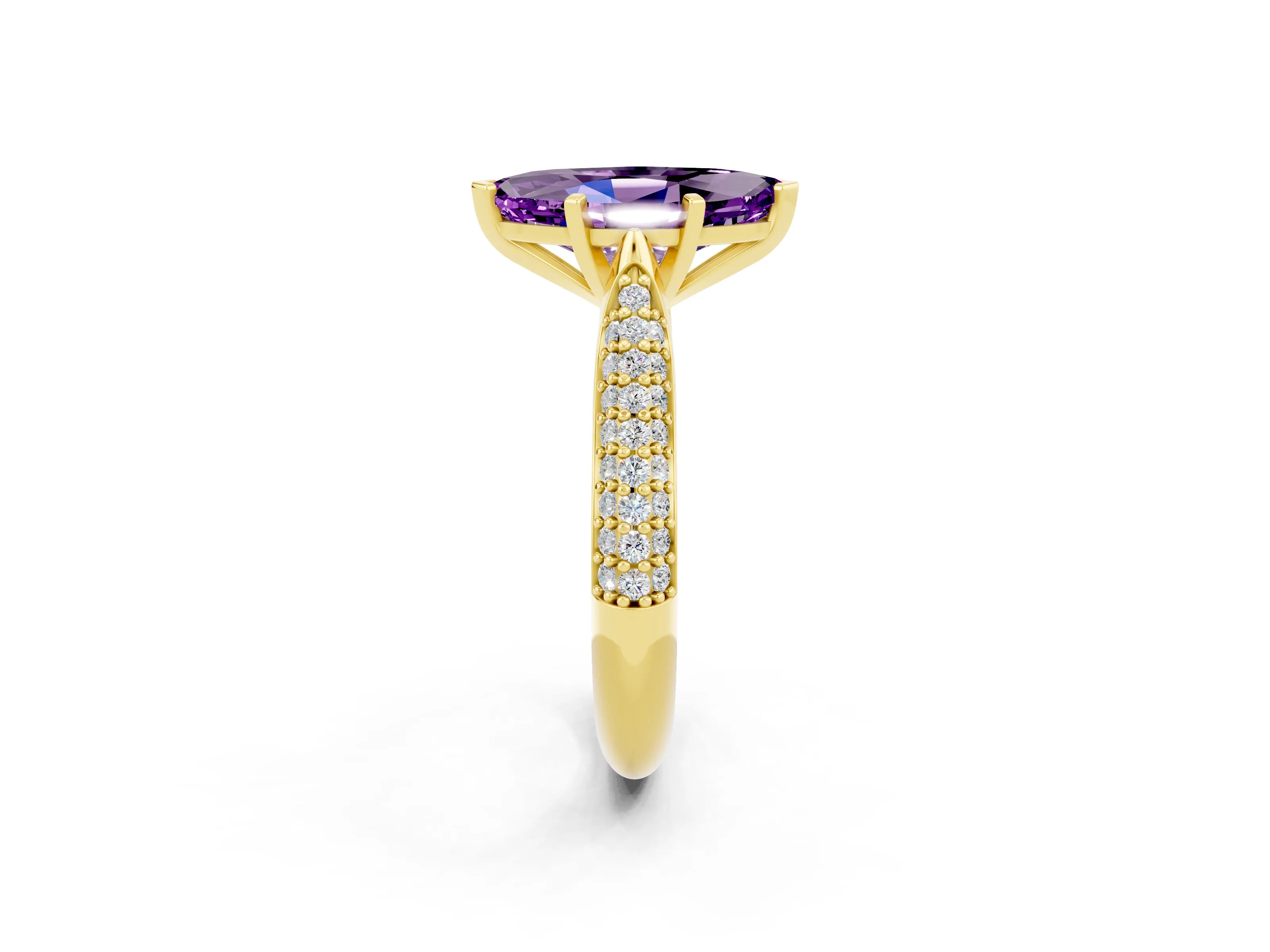 Yellow gold Marquise Cut Diamond Solitaire Engagement Ring with Pavé Band and Four-Prong Setting_2