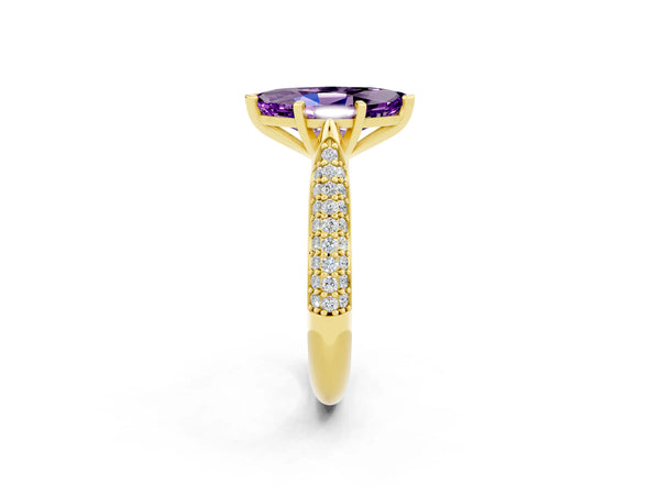 Yellow gold Marquise Cut Amethyst Solitaire Engagement Ring with Multi-Row Round Pavé Band and Prong Setting
