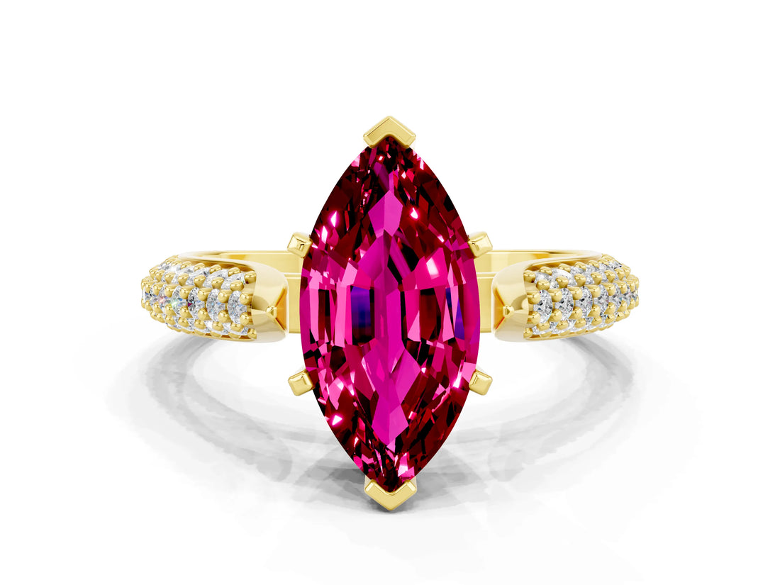 Yellow gold Marquise Cut Diamond Solitaire Engagement Ring with Pavé Band and Four-Prong Setting