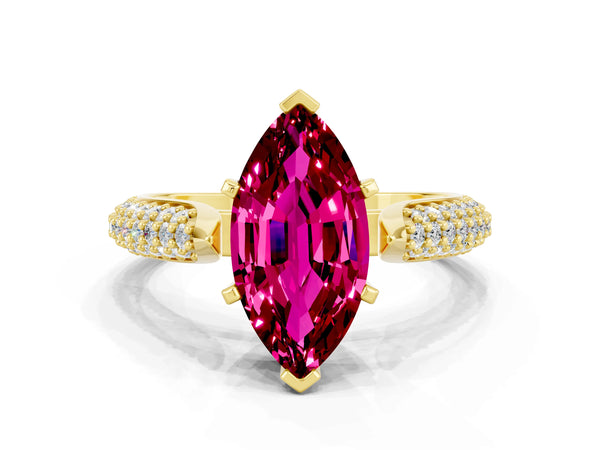 Yellow gold Marquise Cut Garnet Solitaire Engagement Ring with Multi-Row Round Pavé Band and Prong Setting