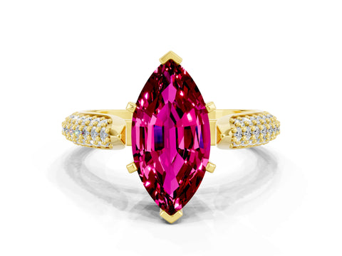 Yellow gold Marquise Cut Diamond Solitaire Engagement Ring with Pavé Band and Four-Prong Setting
