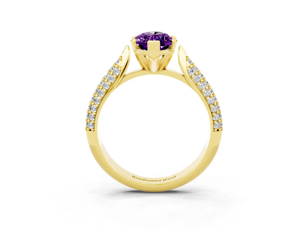 Yellow gold Marquise Cut Amethyst Solitaire Engagement Ring with Multi-Row Round Pavé Band and Prong Setting