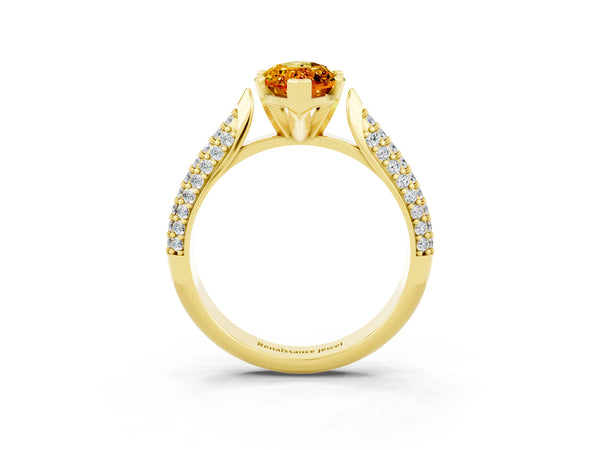 Yellow gold Marquise Cut Citrine Solitaire Engagement Ring with Multi-Row Round Pavé Band and Prong Setting