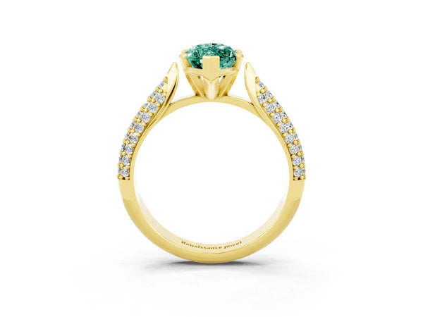 Yellow gold Marquise Cut Green Sapphire Solitaire Engagement Ring with Multi-Row Round Pavé Band and Prong Setting