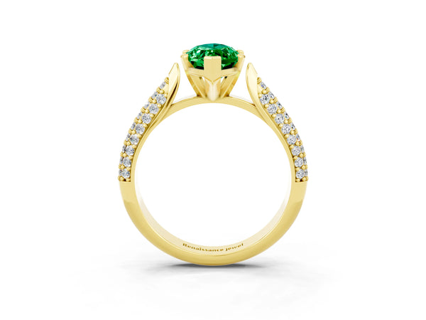 Yellow gold Marquise Cut Emerald Solitaire Engagement Ring with Multi-Row Round Pavé Band and Prong Setting