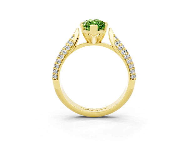 Yellow gold Marquise Cut Diamond Solitaire Engagement Ring with Pavé Band and Four-Prong Setting