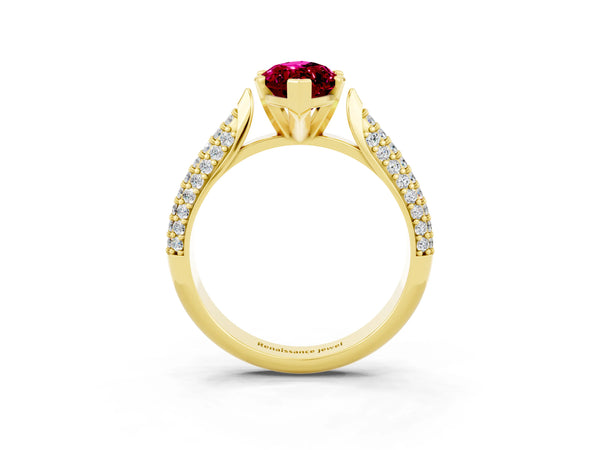 Yellow gold Marquise Cut Garnet Solitaire Engagement Ring with Multi-Row Round Pavé Band and Prong Setting
