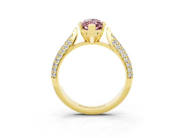 Yellow gold Marquise Cut Diamond Solitaire Engagement Ring with Pavé Band and Four-Prong Setting
