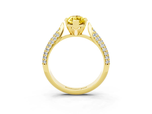 Yellow gold Marquise Cut Yellow Sapphire Solitaire Engagement Ring with Multi-Row Round Pavé Band and Prong Setting