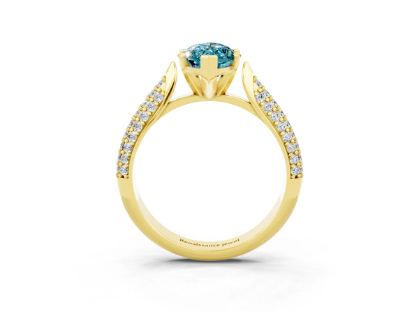 Yellow gold Marquise Cut Diamond Solitaire Engagement Ring with Pavé Band and Four-Prong Setting