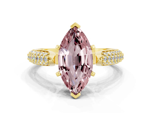 Yellow gold Marquise Cut Diamond Solitaire Engagement Ring with Pavé Band and Four-Prong Setting