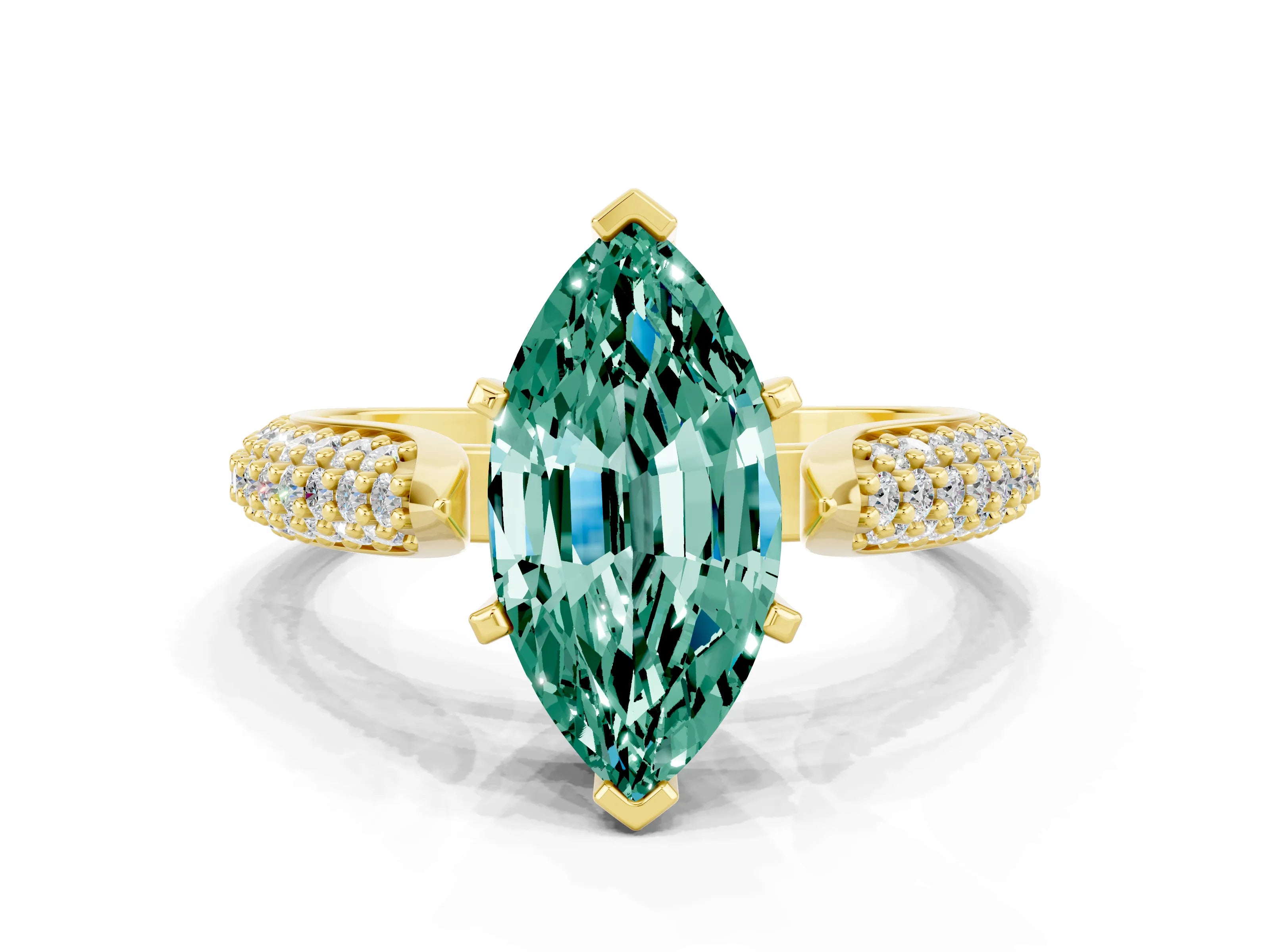Yellow gold Marquise Cut Diamond Solitaire Engagement Ring with Pavé Band and Four-Prong Setting