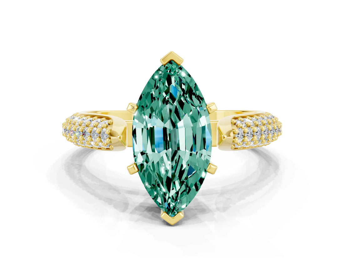Yellow gold Marquise Cut Diamond Solitaire Engagement Ring with Pavé Band and Four-Prong Setting