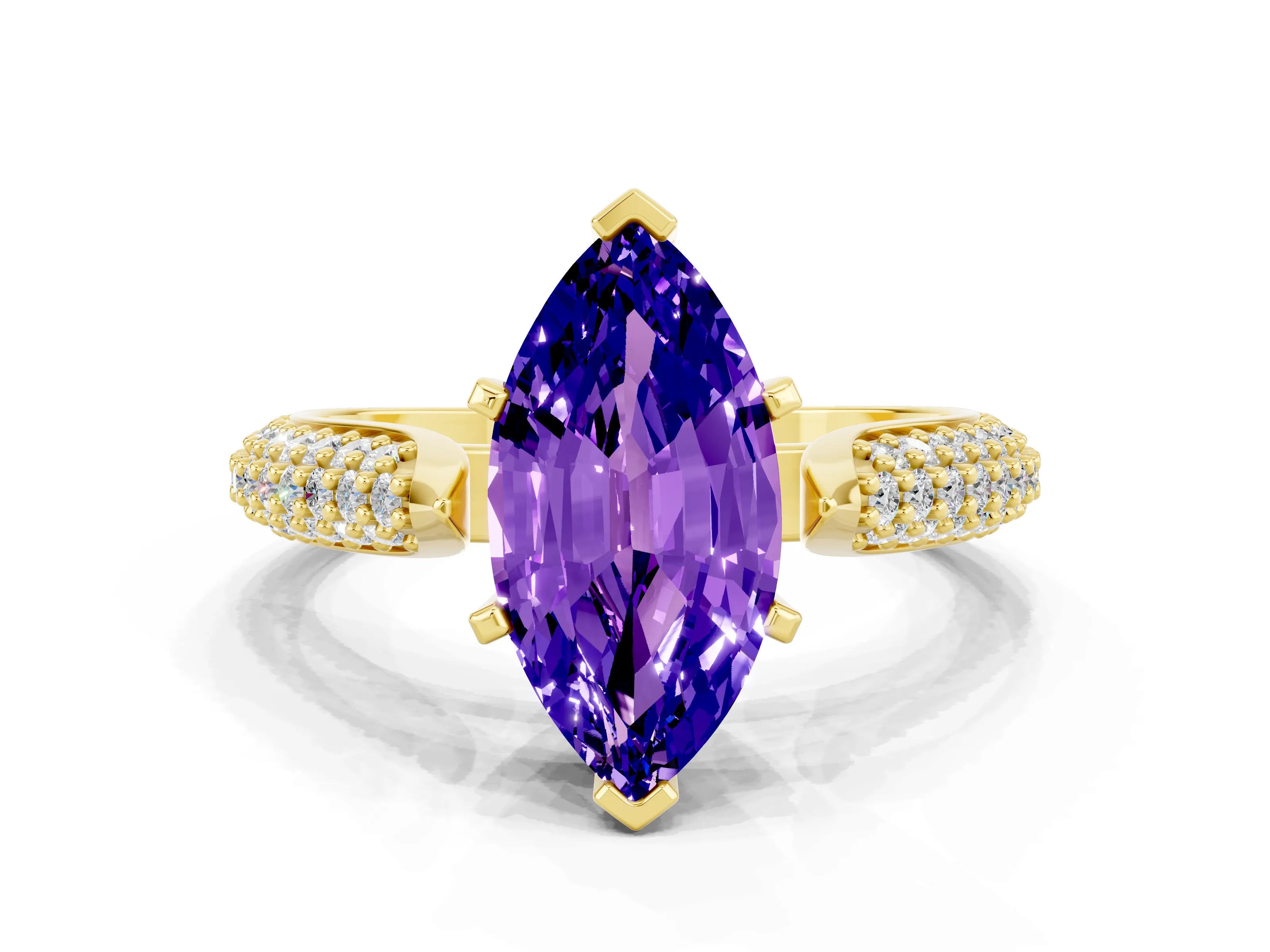 Yellow gold Marquise Cut Diamond Solitaire Engagement Ring with Pavé Band and Four-Prong Setting