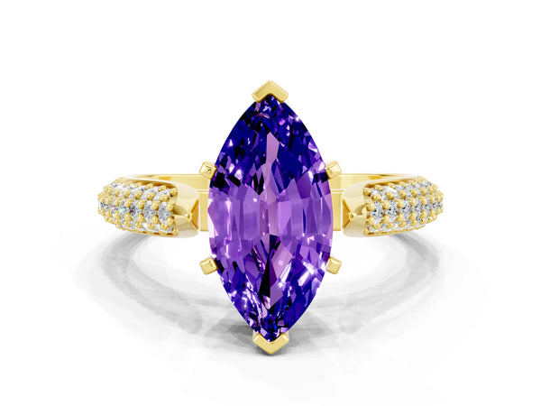 Yellow gold Marquise Cut Tanzanite Solitaire Engagement Ring with Multi-Row Round Pavé Band and Prong Setting