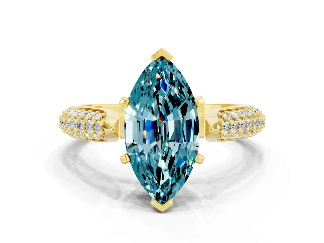 Yellow gold Marquise Cut Diamond Solitaire Engagement Ring with Pavé Band and Four-Prong Setting
