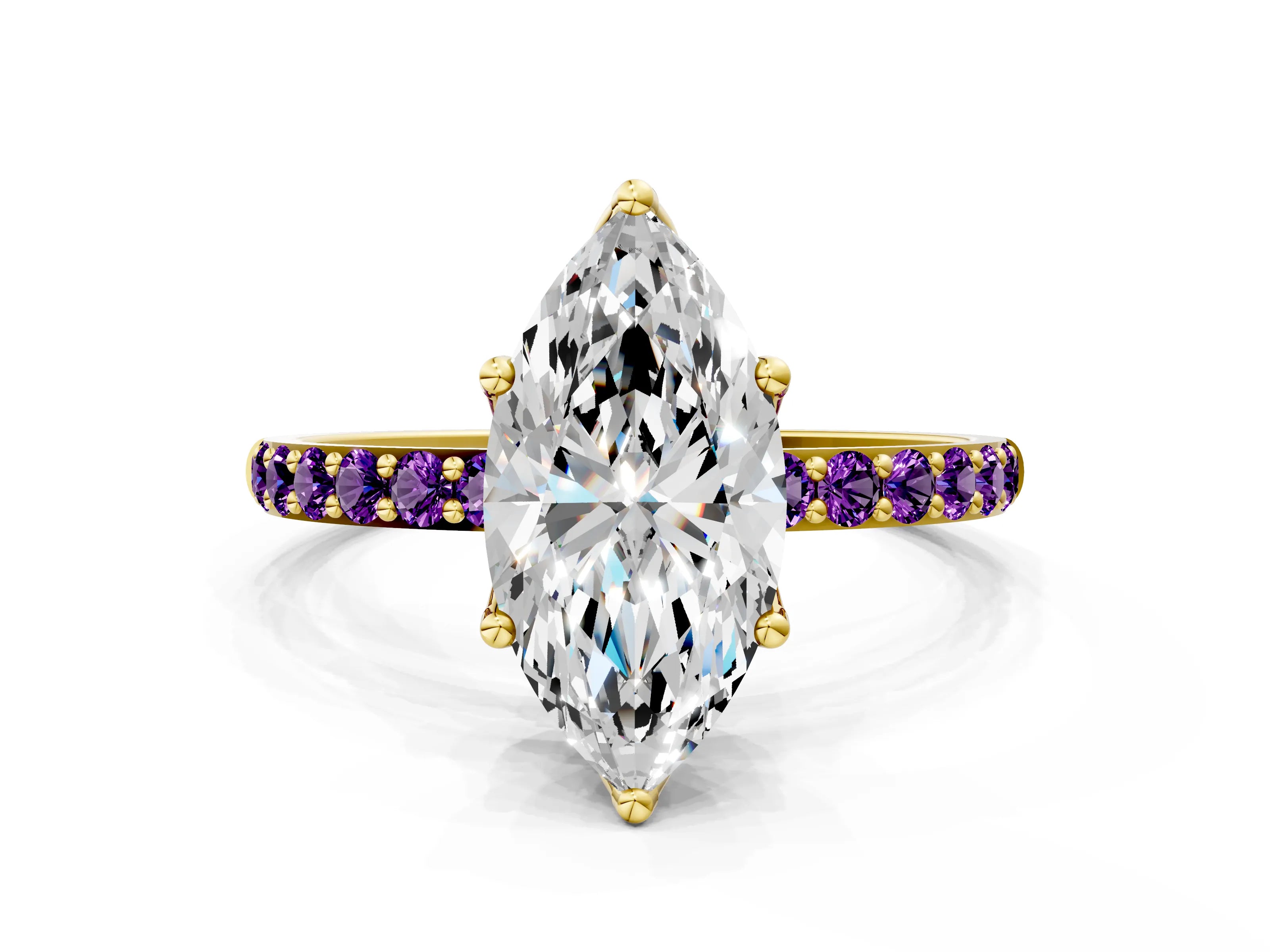 Yellow gold Marquise Cut Diamond Solitaire Engagement Ring with Round with Amethyst side stone Pavé Band and Prong Setting
