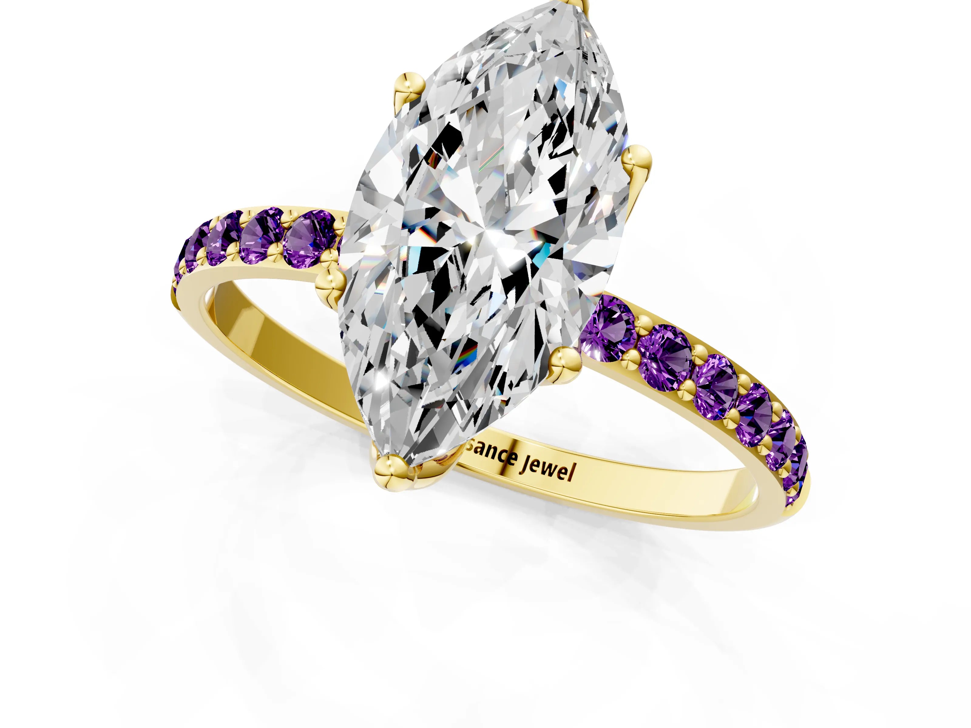 Yellow gold Marquise Cut Diamond Solitaire Engagement Ring with Round with Amethyst side stone Pavé Band and Prong Setting_1