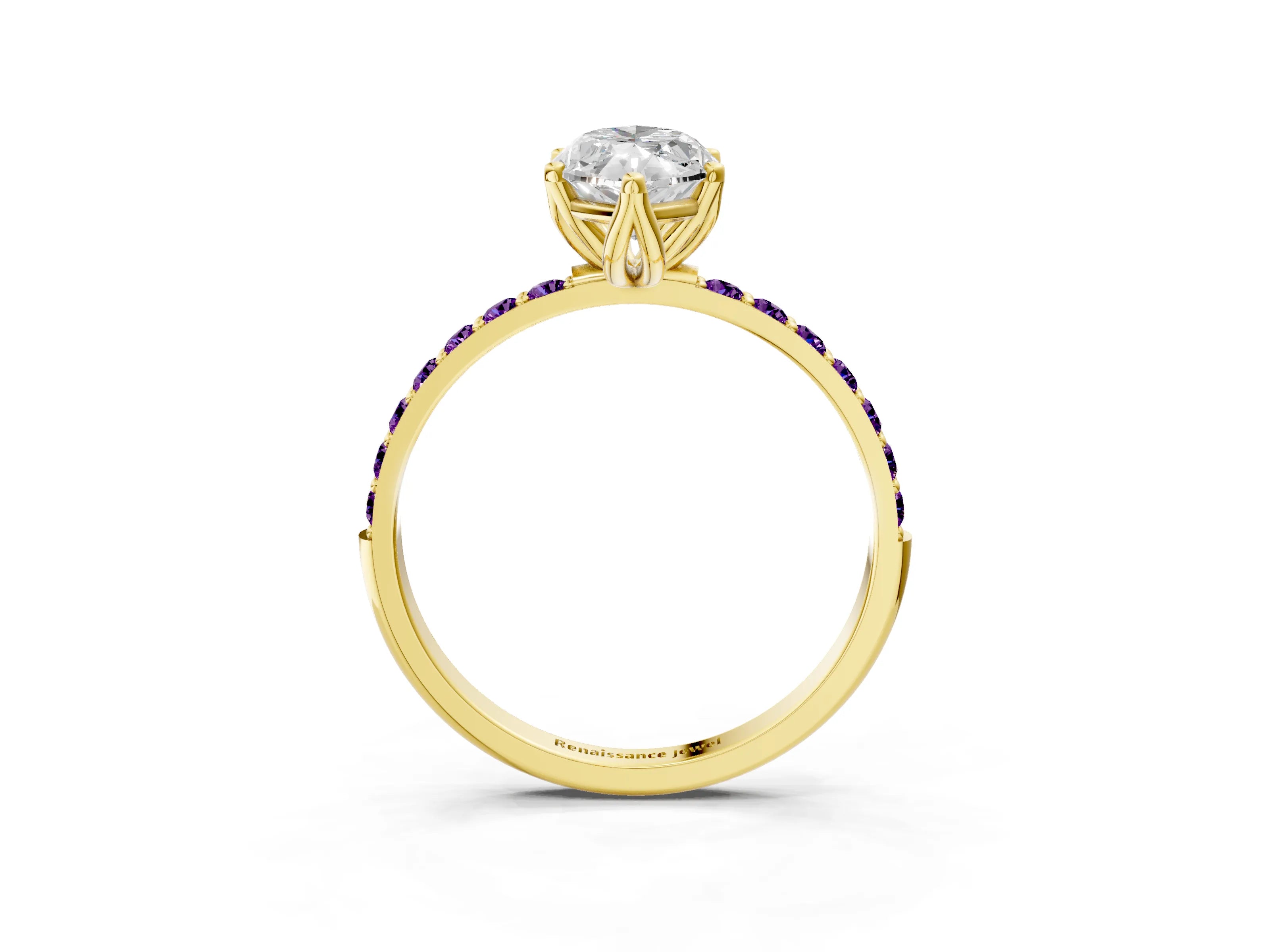 Yellow gold Marquise Cut Diamond Solitaire Engagement Ring with Round with Amethyst side stone Pavé Band and Prong Setting_3