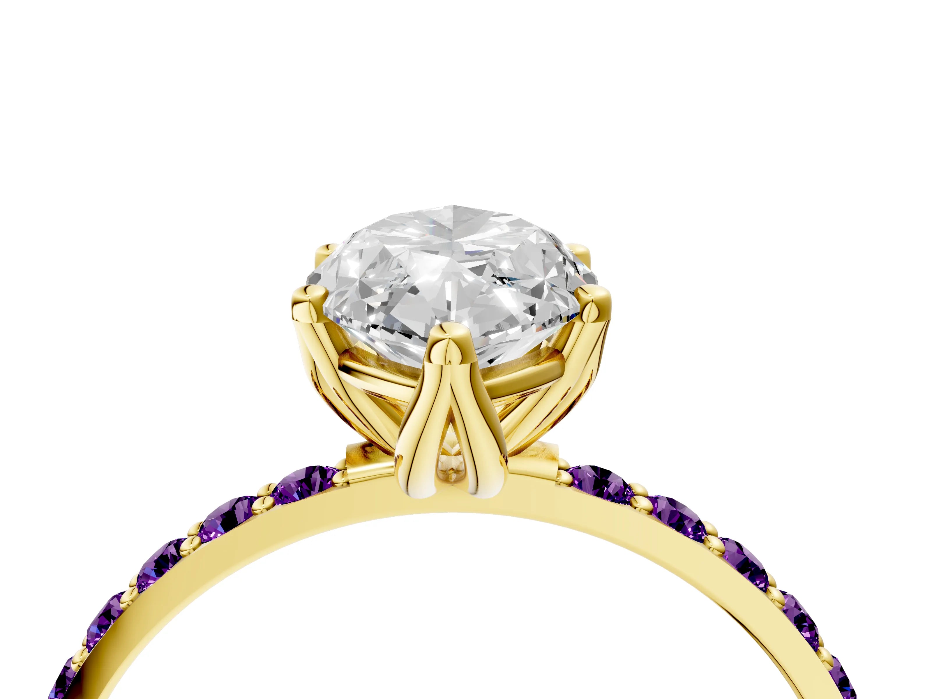 Yellow gold Marquise Cut Diamond Solitaire Engagement Ring with Round with Amethyst side stone Pavé Band and Prong Setting_4
