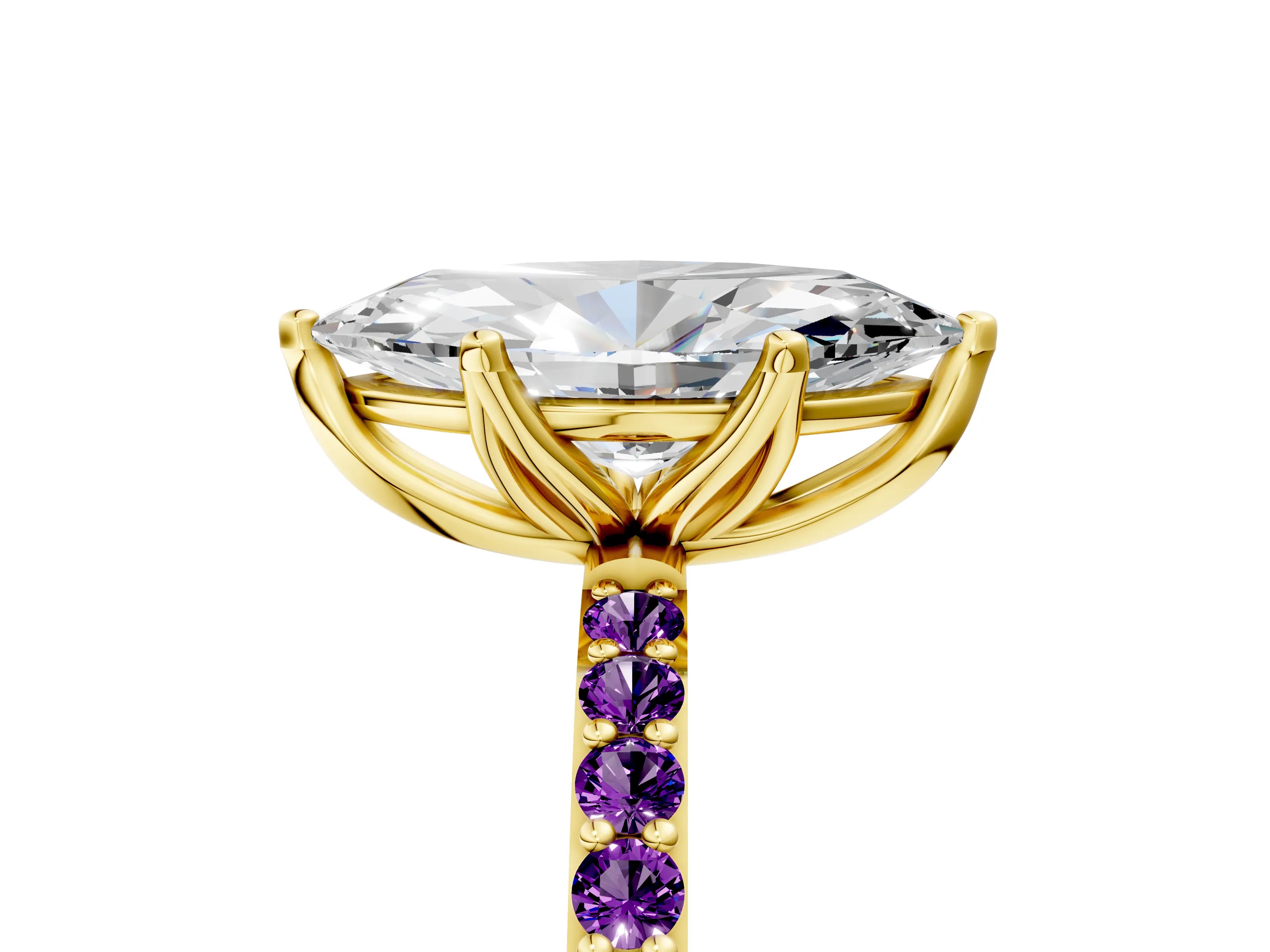 Yellow gold Marquise Cut Diamond Solitaire Engagement Ring with Round with Amethyst side stone Pavé Band and Prong Setting_5