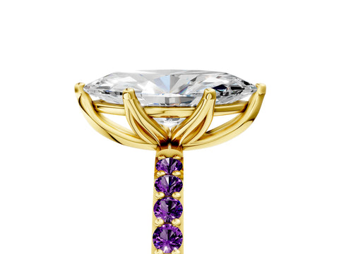 Yellow gold Marquise Cut Diamond Solitaire Engagement Ring with Round with Amethyst side stone Pavé Band and Prong Setting_5