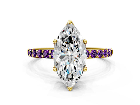 Yellow gold Marquise Cut Diamond Solitaire Engagement Ring with Round with Amethyst side stone Pavé Band and Prong Setting