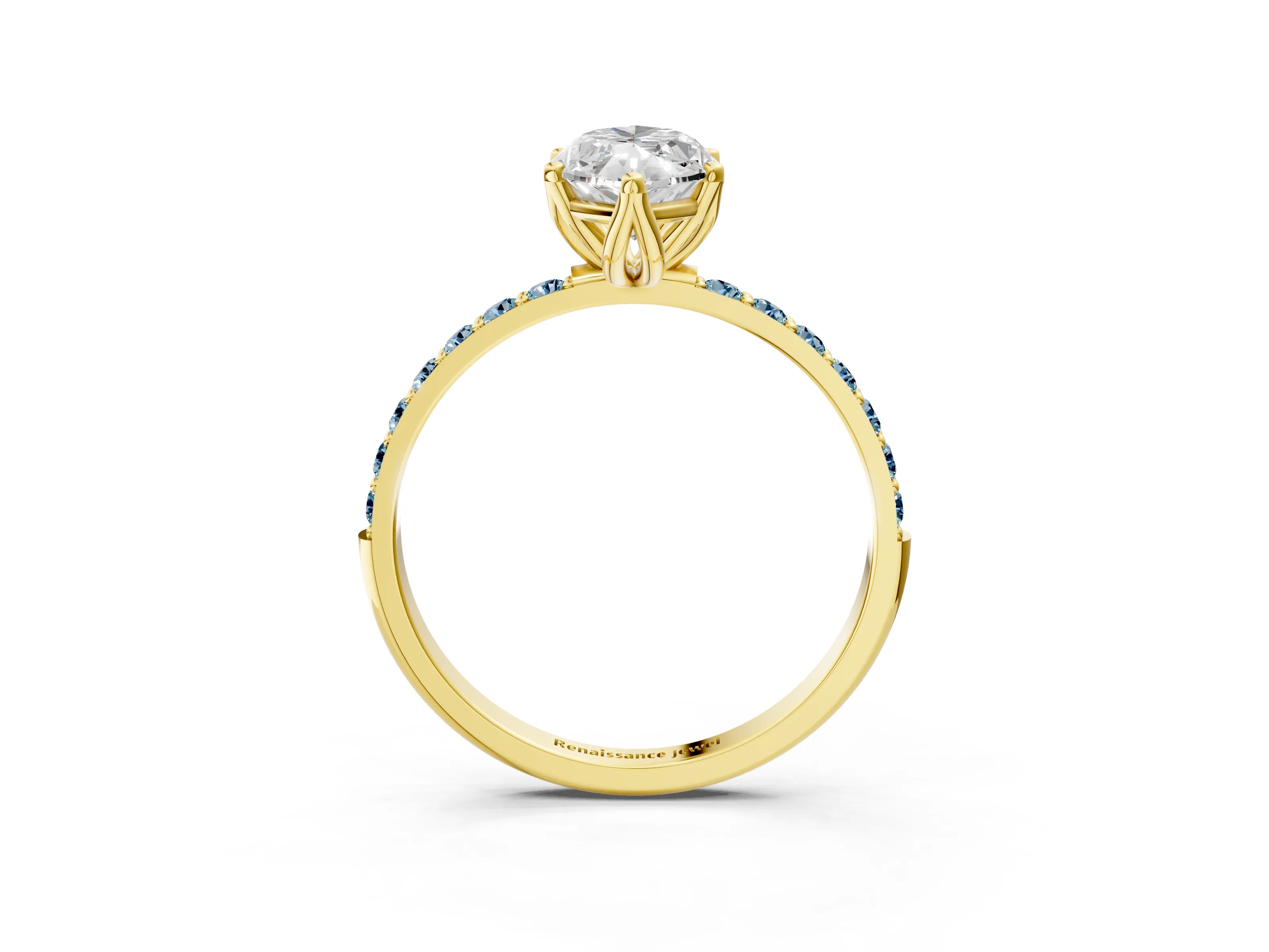 Yellow gold Marquise Cut Diamond Solitaire Engagement Ring with Round with Aquamarine side stone Pavé Band and Prong Setting_3