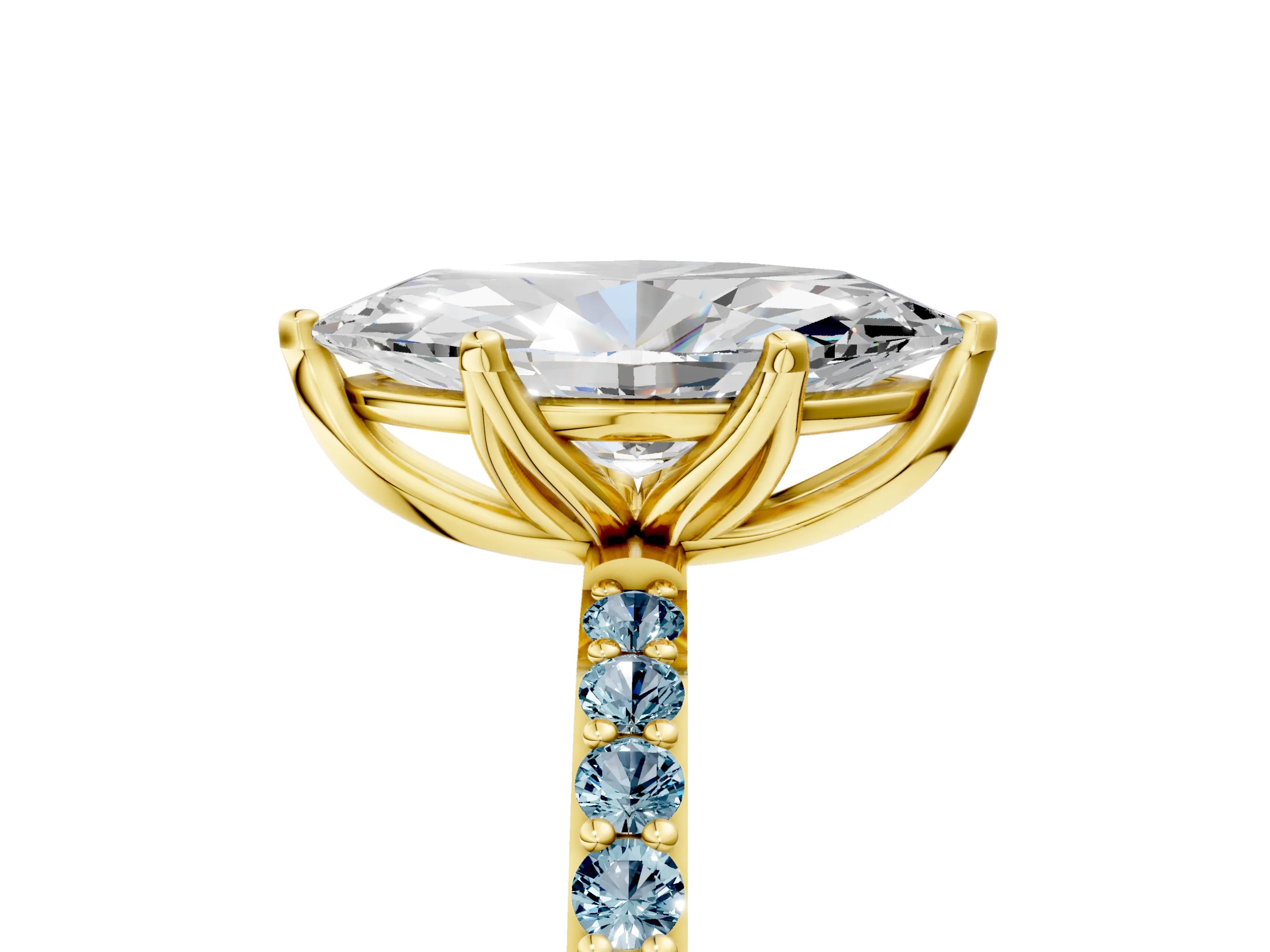 Yellow gold Marquise Cut Diamond Solitaire Engagement Ring with Round with Aquamarine side stone Pavé Band and Prong Setting_5