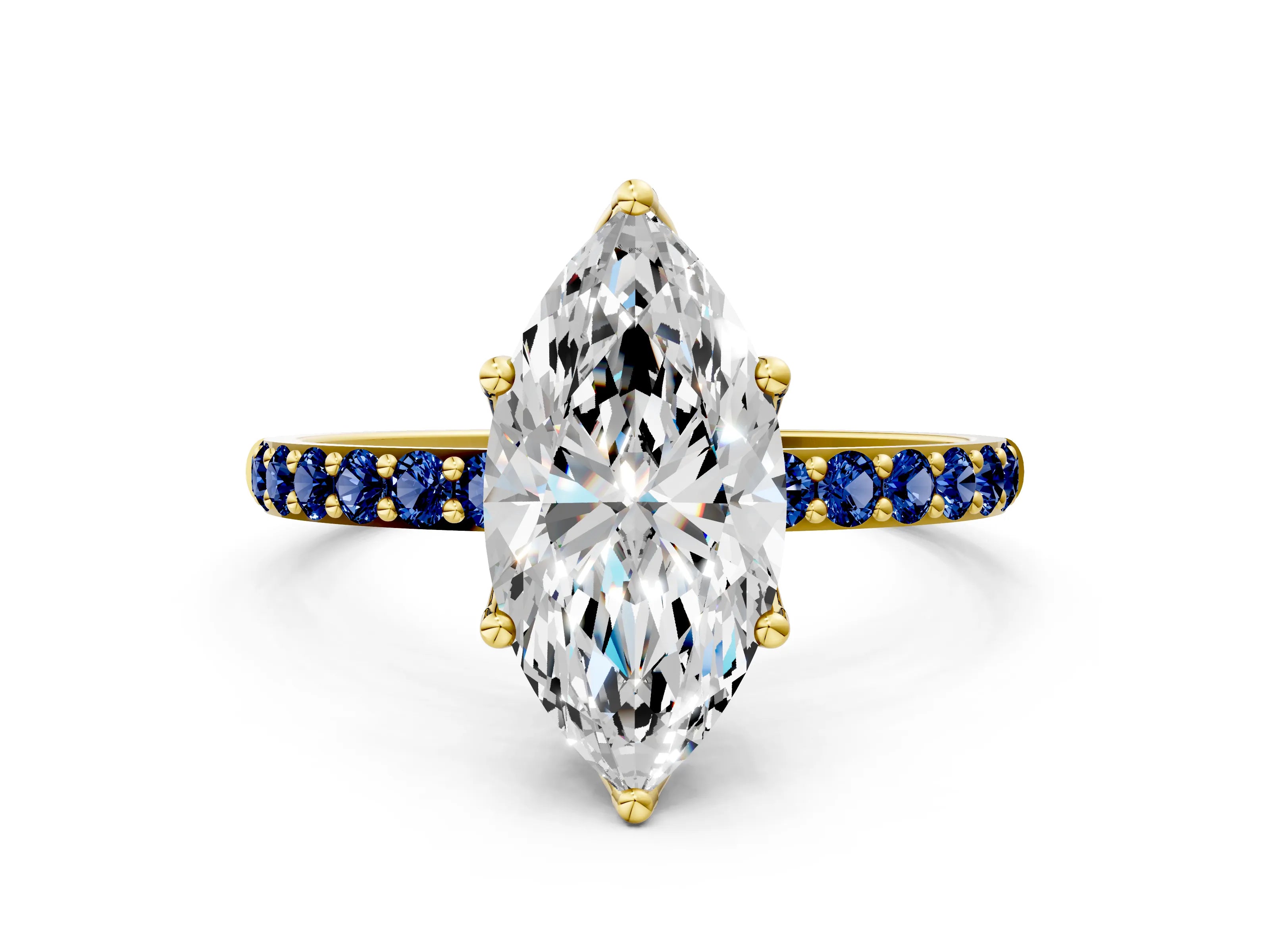 Yellow gold Marquise Cut Diamond Solitaire Engagement Ring with Round with Blue Sapphire side stone Pavé Band and Prong Setting