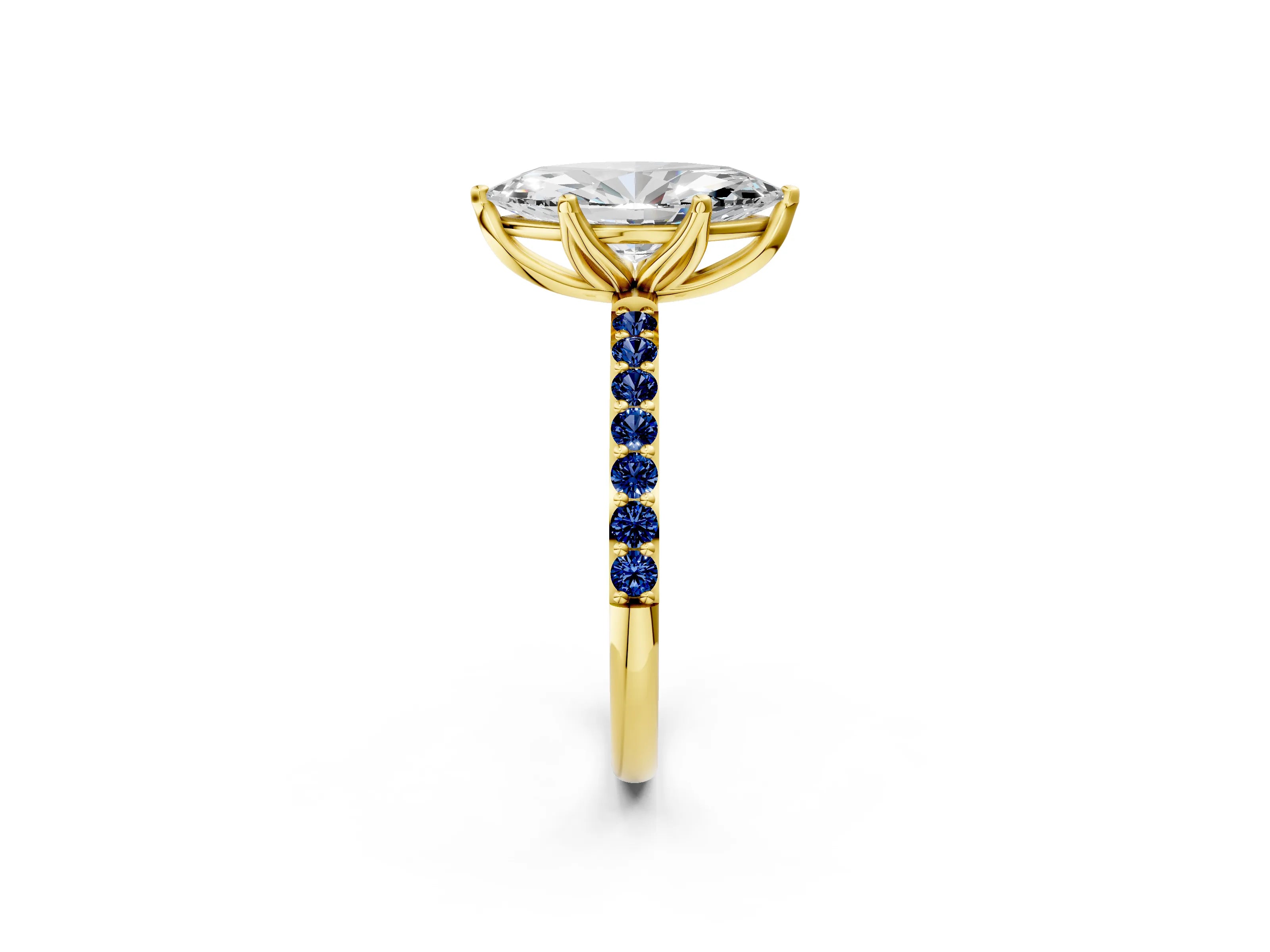 Yellow gold Marquise Cut Diamond Solitaire Engagement Ring with Round with Blue Sapphire side stone Pavé Band and Prong Setting_2