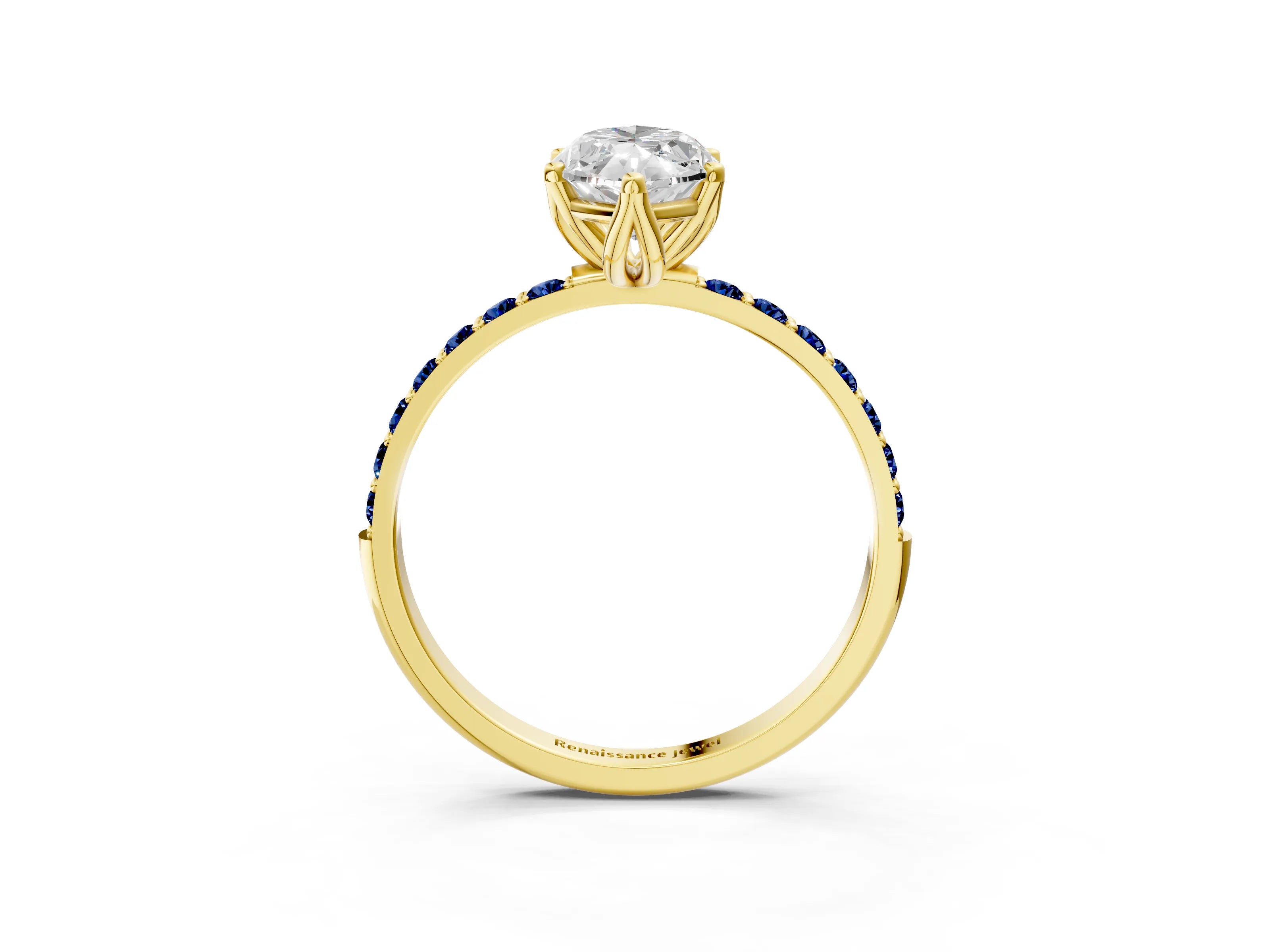 Yellow gold Marquise Cut Diamond Solitaire Engagement Ring with Round with Blue Sapphire side stone Pavé Band and Prong Setting_3