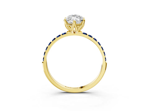 Yellow gold Marquise Cut Diamond Solitaire Engagement Ring with Round with Blue Sapphire side stone Pavé Band and Prong Setting_3