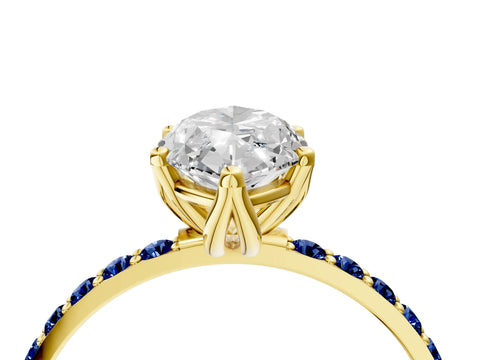Yellow gold Marquise Cut Diamond Solitaire Engagement Ring with Round with Blue Sapphire side stone Pavé Band and Prong Setting_4