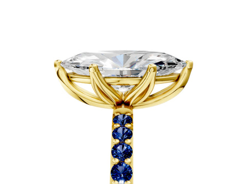 Yellow gold Marquise Cut Diamond Solitaire Engagement Ring with Round with Blue Sapphire side stone Pavé Band and Prong Setting_5