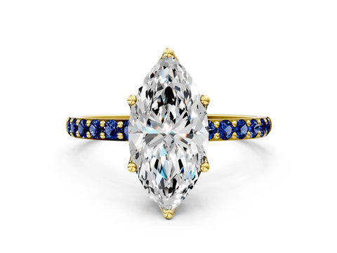 Yellow gold Marquise Cut Diamond Solitaire Engagement Ring with Round with Blue Sapphire side stone Pavé Band and Prong Setting