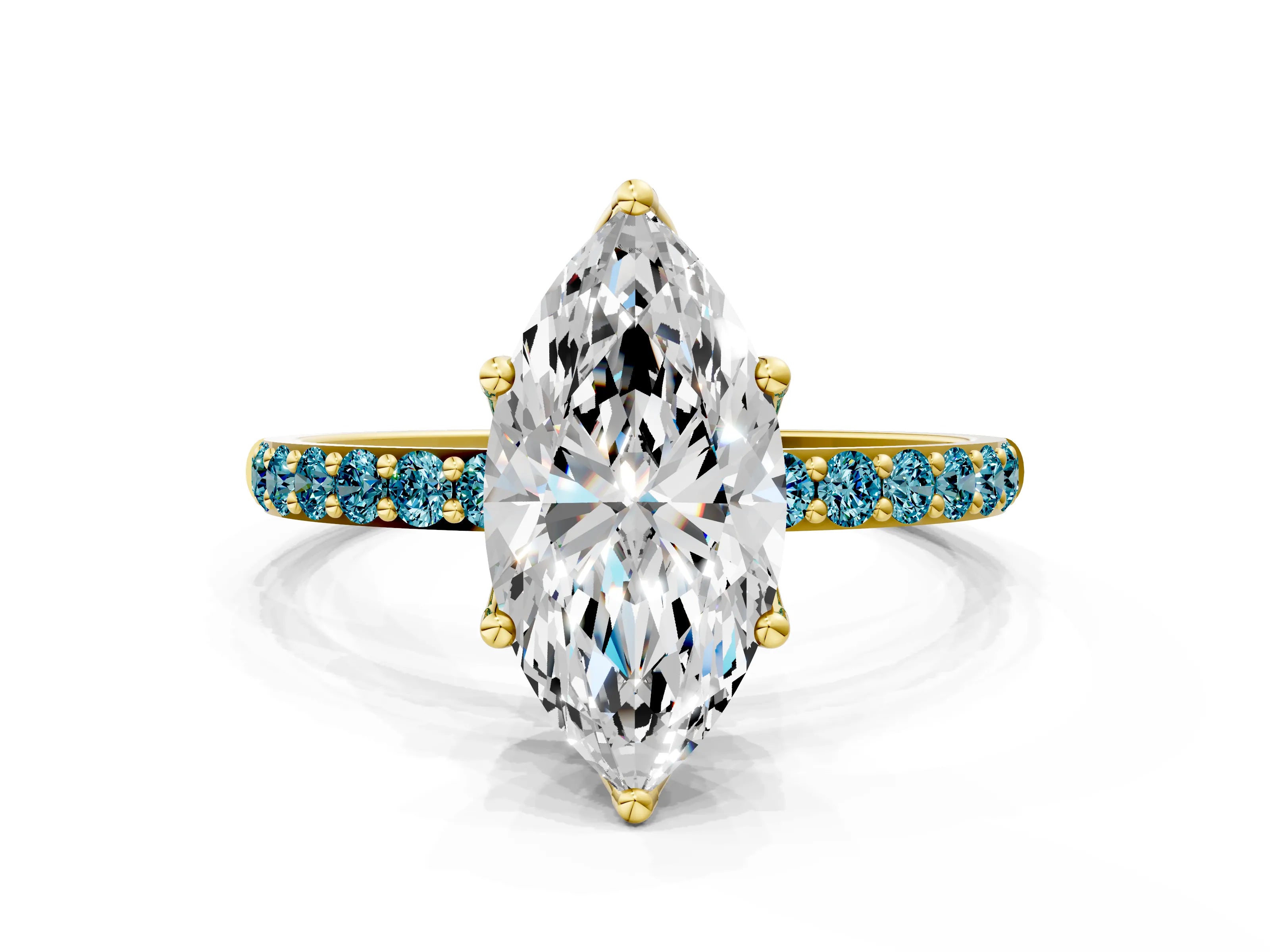 Yellow gold Marquise Cut Diamond Solitaire Engagement Ring with Round with Blue Topaz side stone Pavé Band and Prong Setting