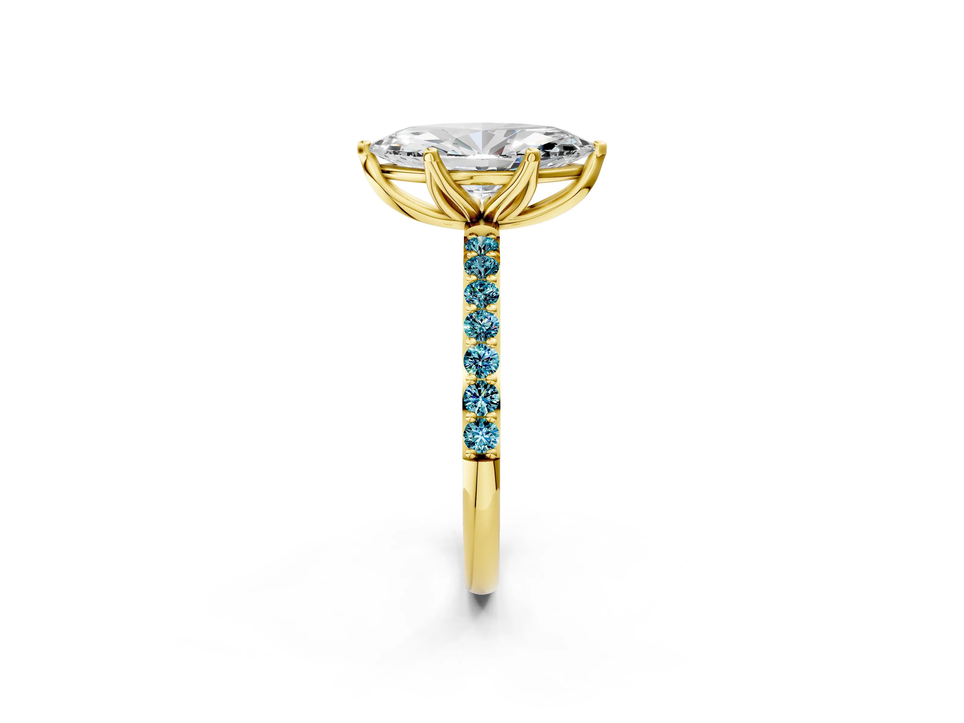 Yellow gold Marquise Cut Diamond Solitaire Engagement Ring with Round with Blue Topaz side stone Pavé Band and Prong Setting_2