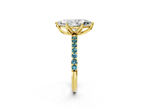 Yellow gold Marquise Cut Diamond Solitaire Engagement Ring with Round with Blue Topaz side stone Pavé Band and Prong Setting_2