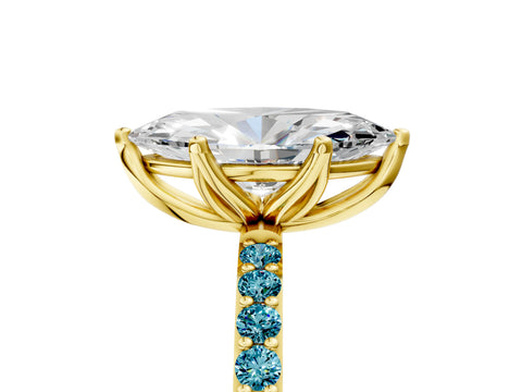 Yellow gold Marquise Cut Diamond Solitaire Engagement Ring with Round with Blue Topaz side stone Pavé Band and Prong Setting_5